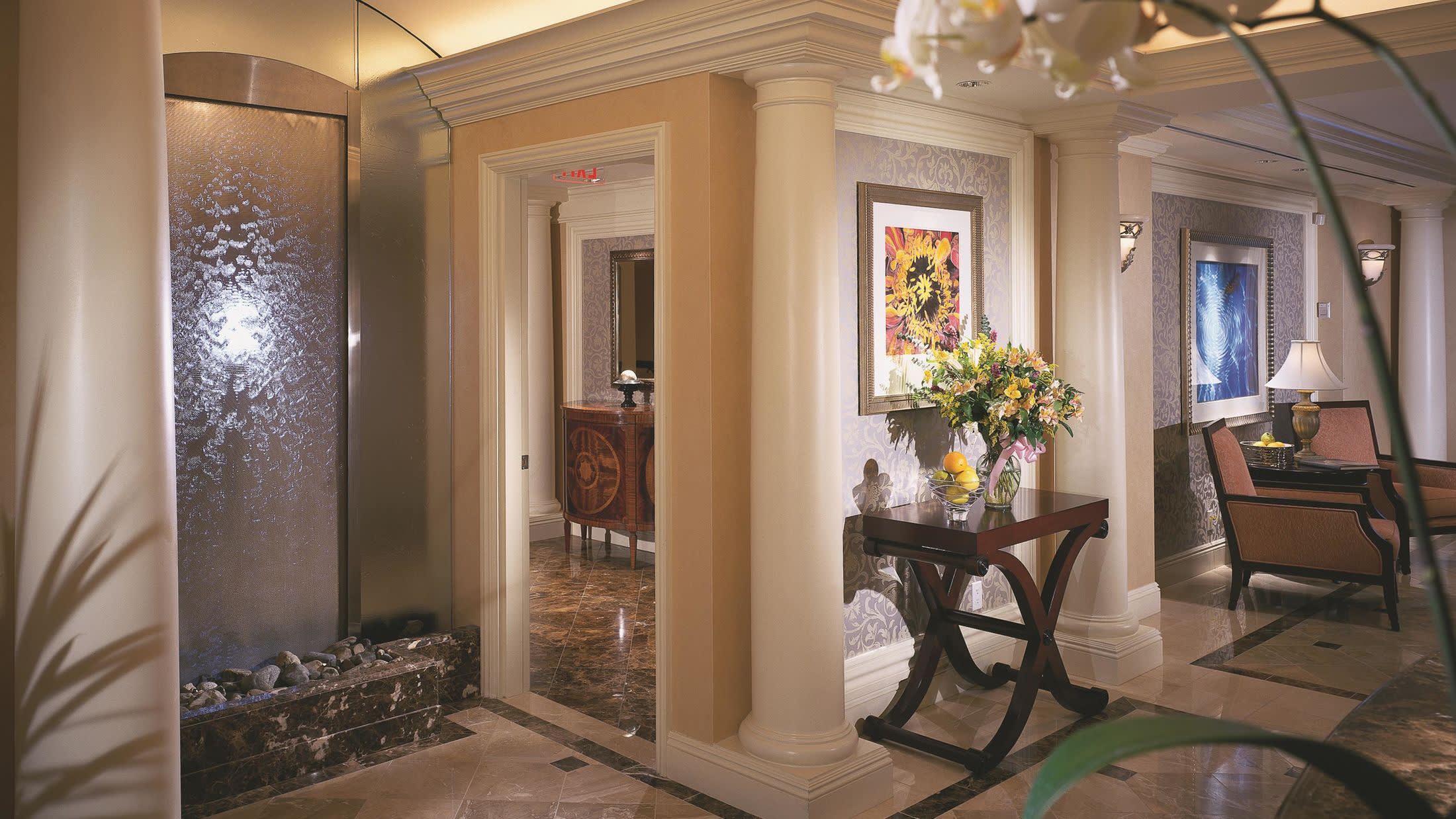 a living room with a large mirror