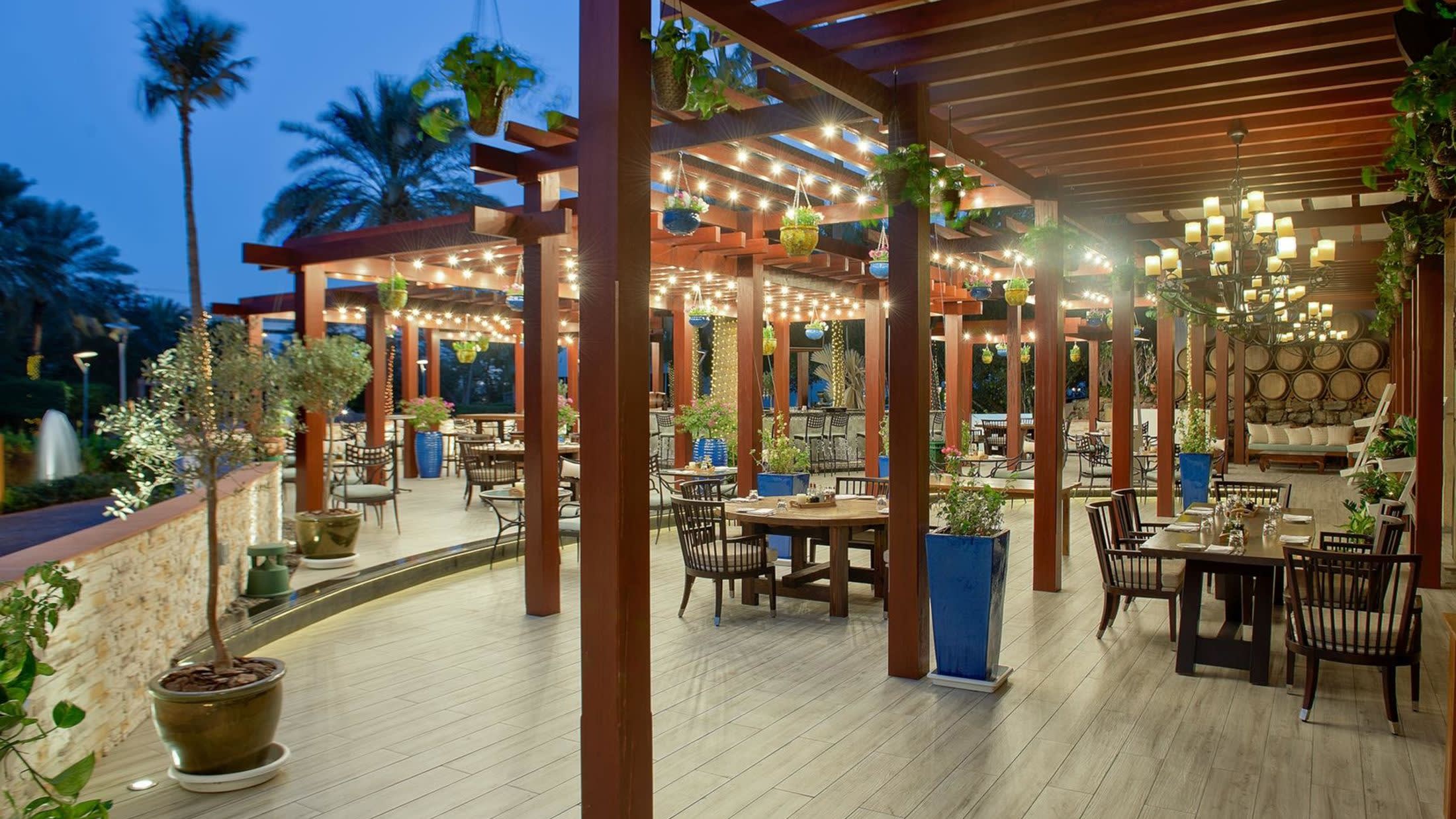 a dining room table in front of a building