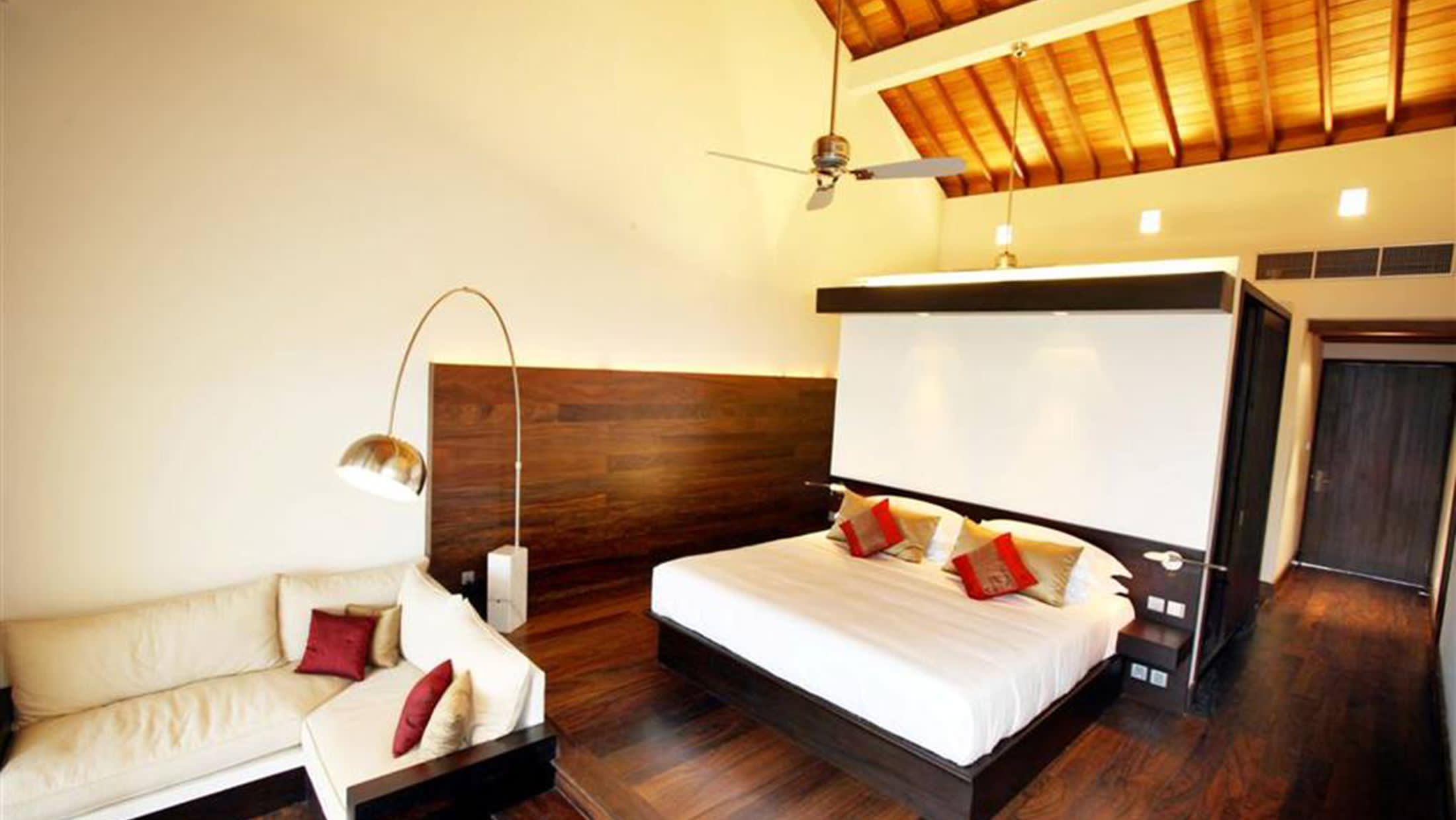 a living room with a wooden table