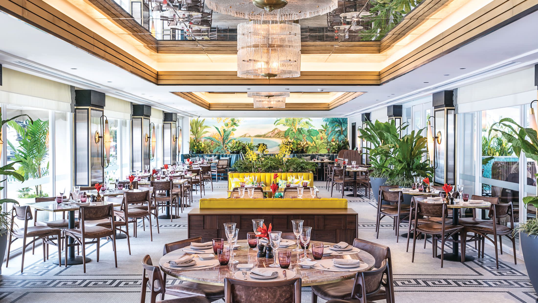 a dining room table in front of a building
