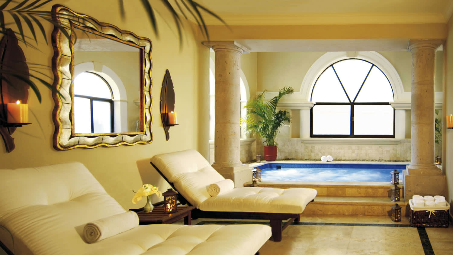 a living room with a large mirror