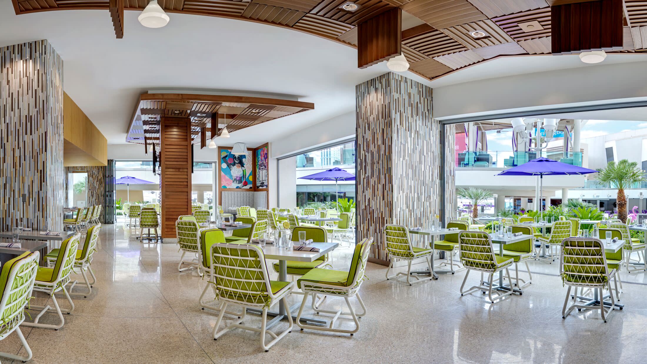 a dining room table in front of a building