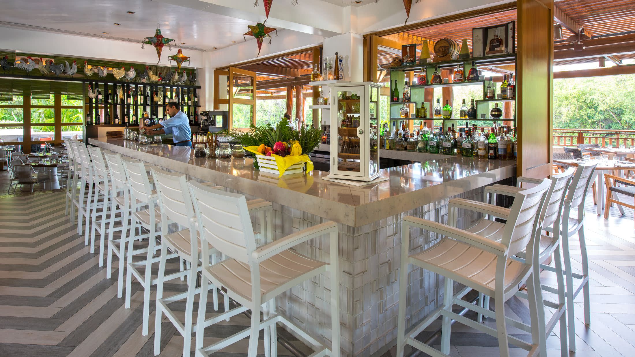a dining room table in front of a store