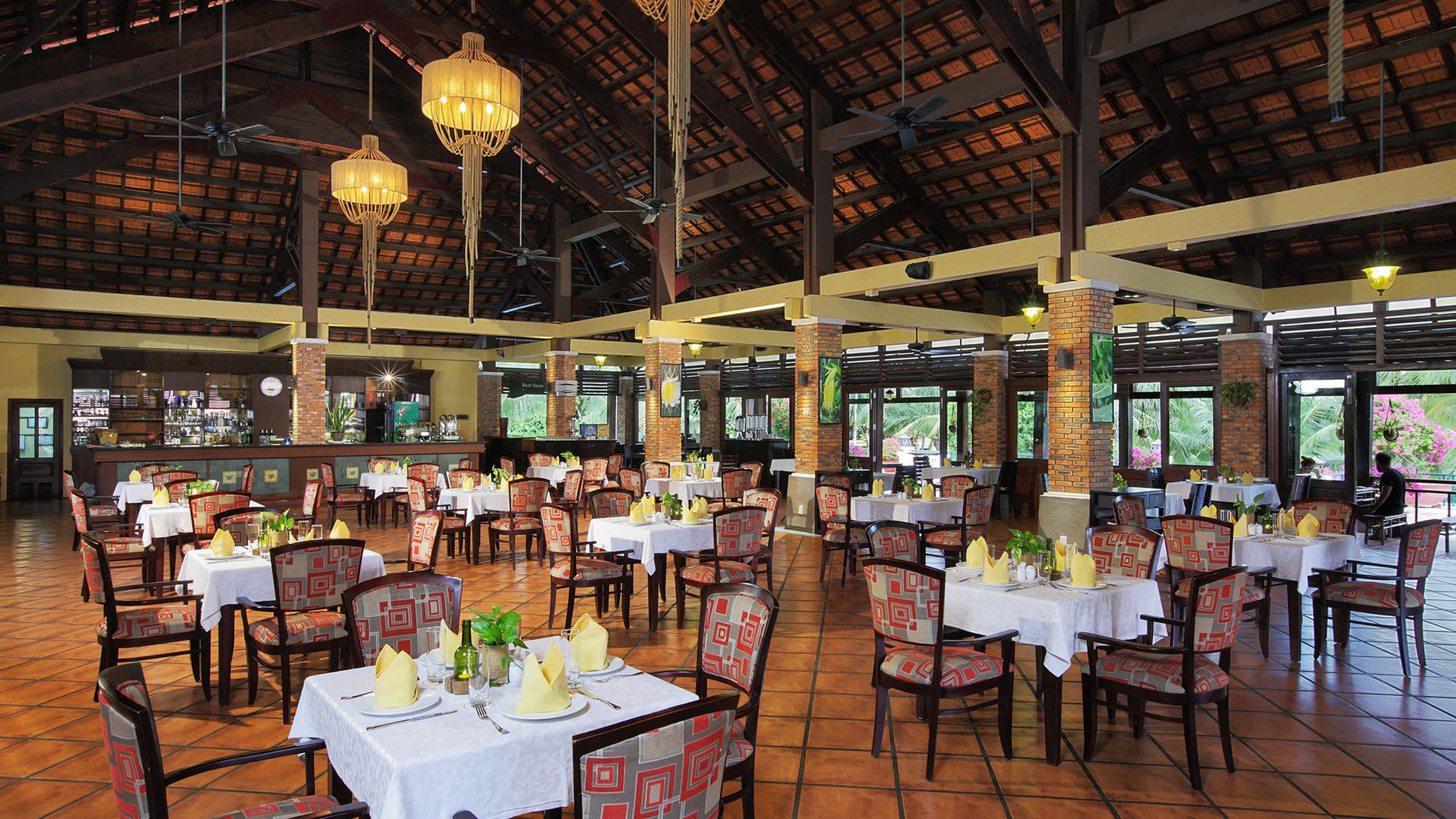 a dining room table in front of a building