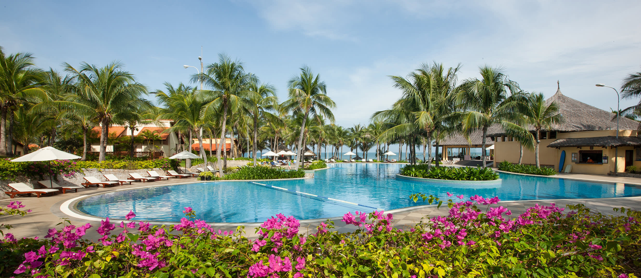 a group of lawn chairs sitting next to a pool of water