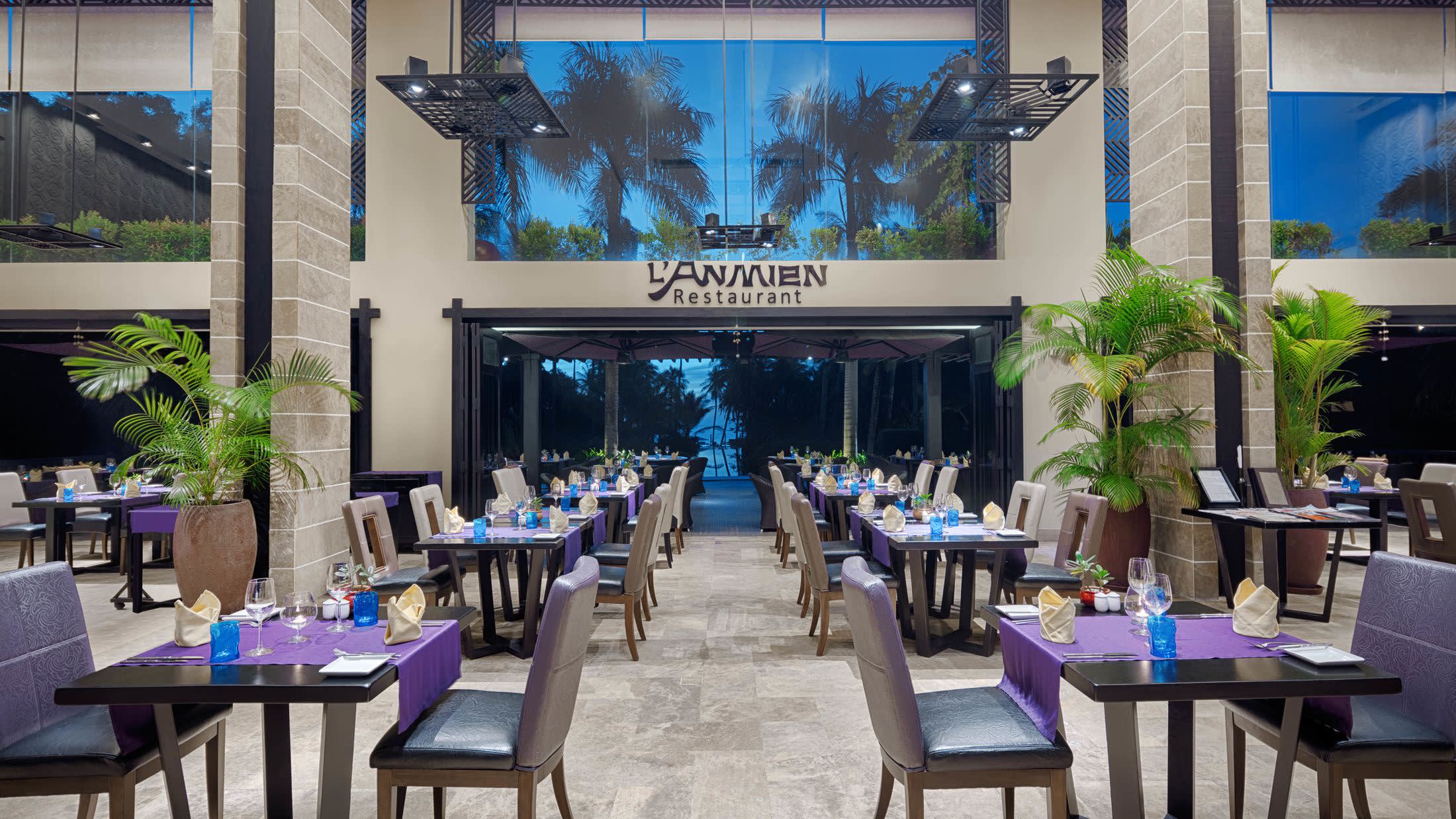 a dining room table in front of a building