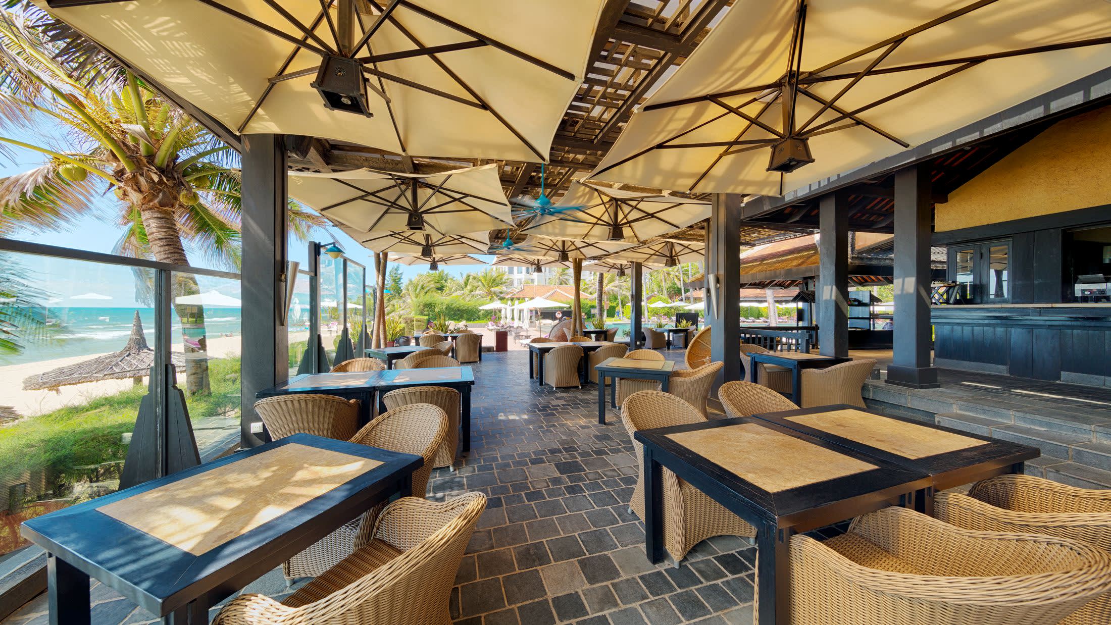 a dining room table in front of a building