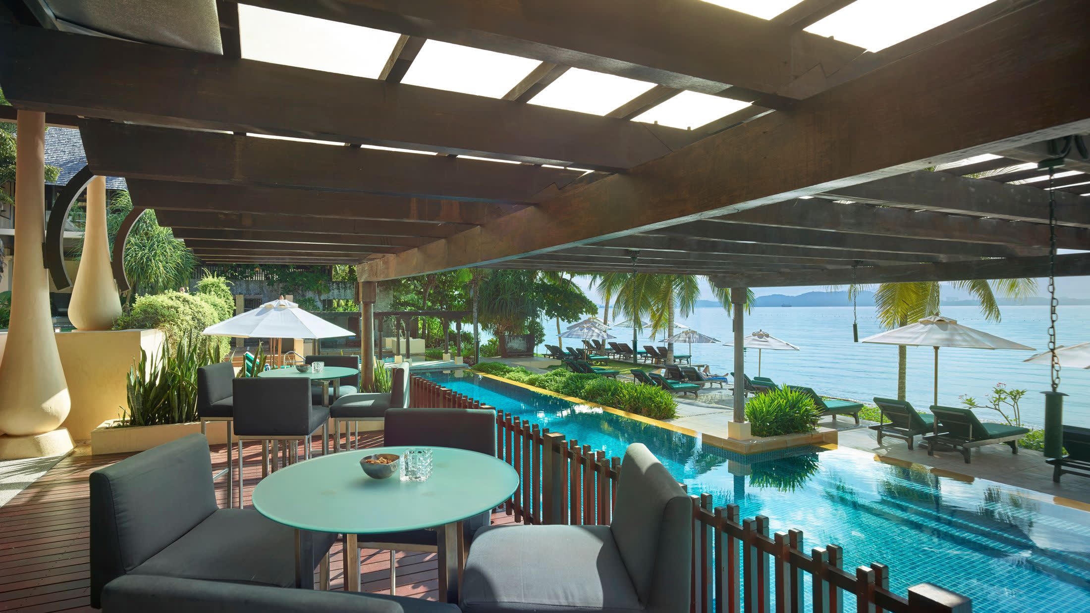 a dining room table in front of a building