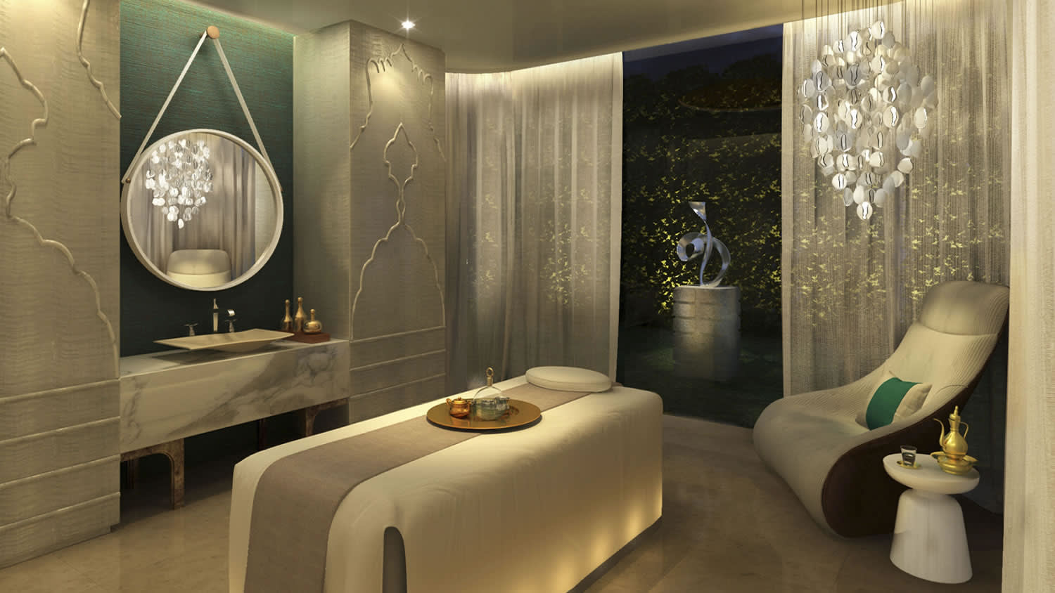 a hotel room with a large mirror