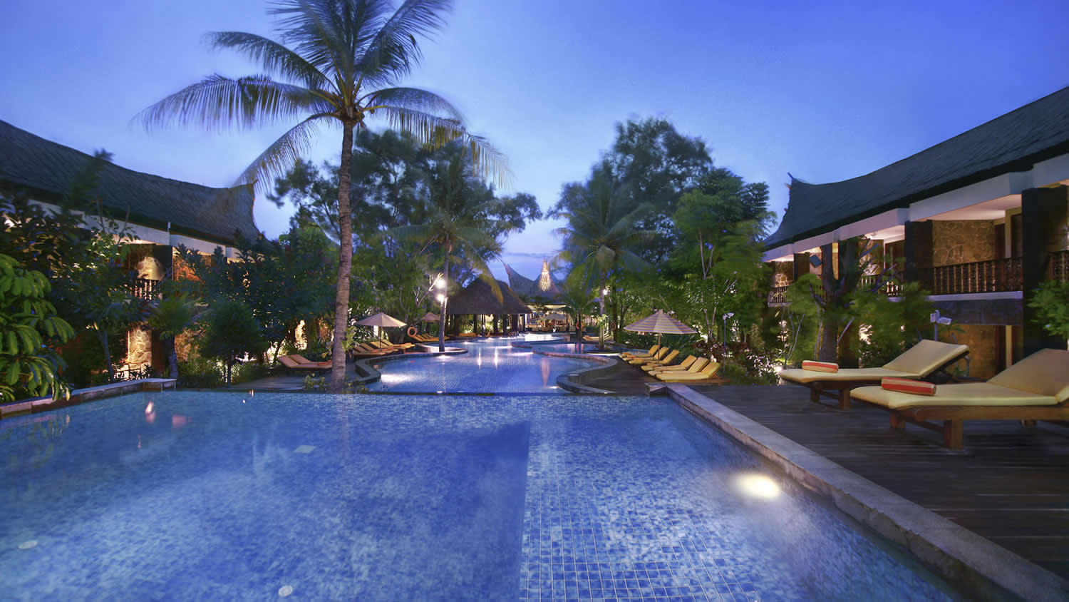 a pool next to a tree