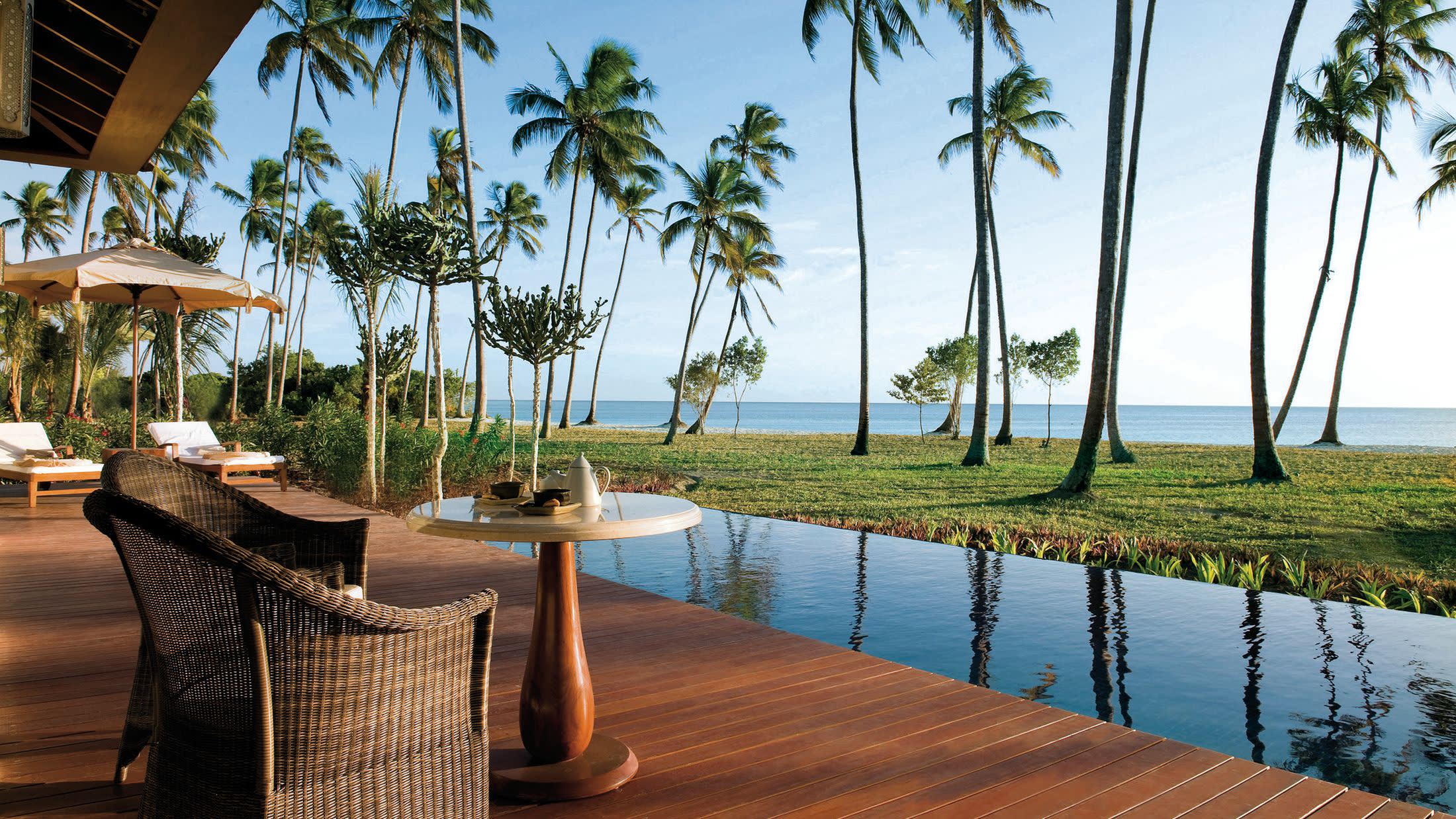a pool next to a palm tree
