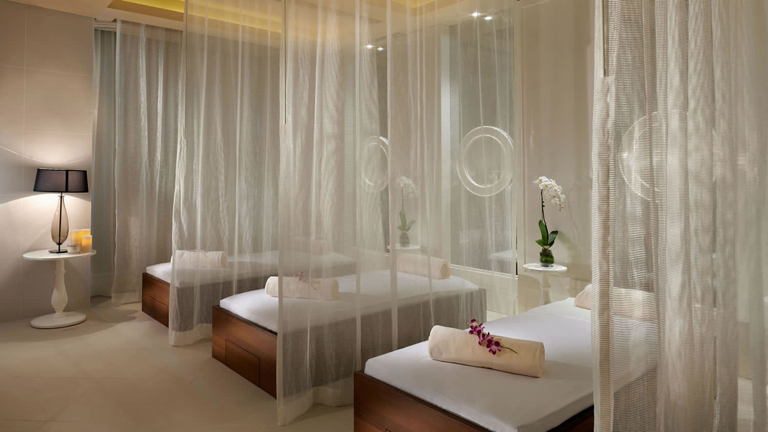 a bedroom with a shower curtain