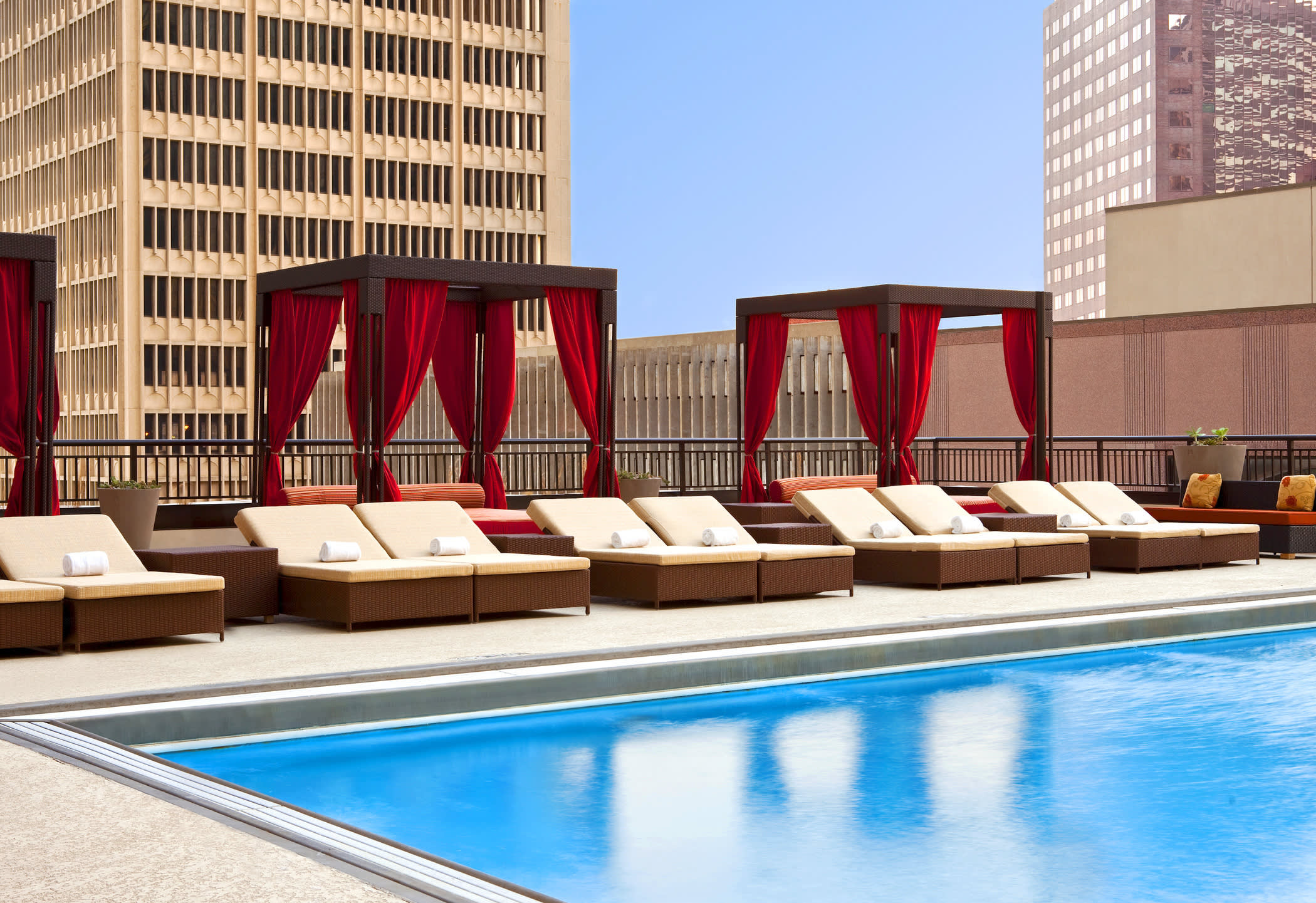 a pool of water in front of a building