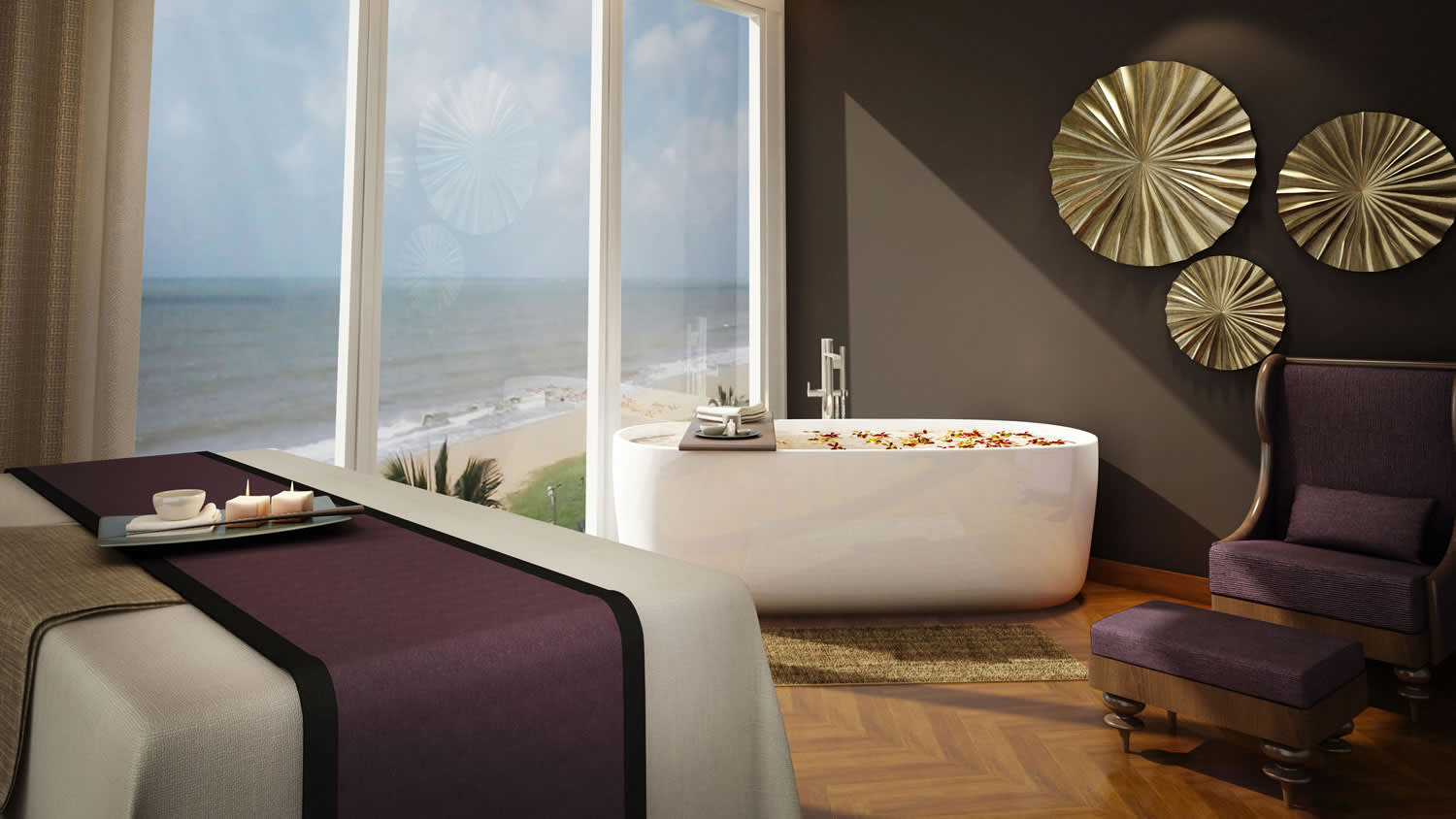 a bedroom with a large window