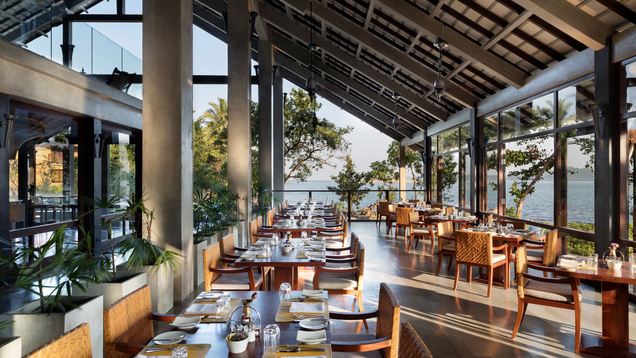 a dining room table in front of a building