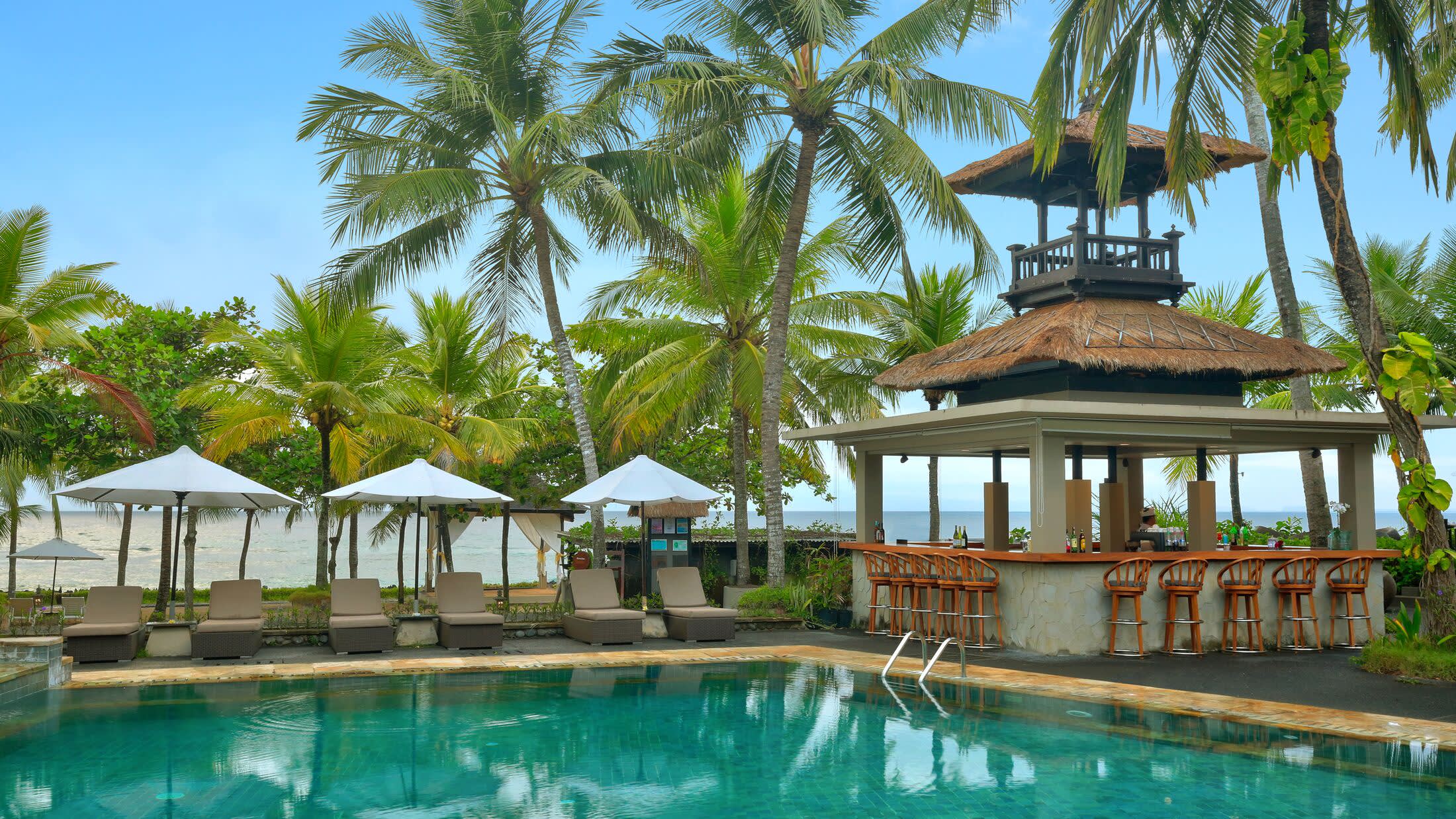 a group of palm trees next to a pool of water