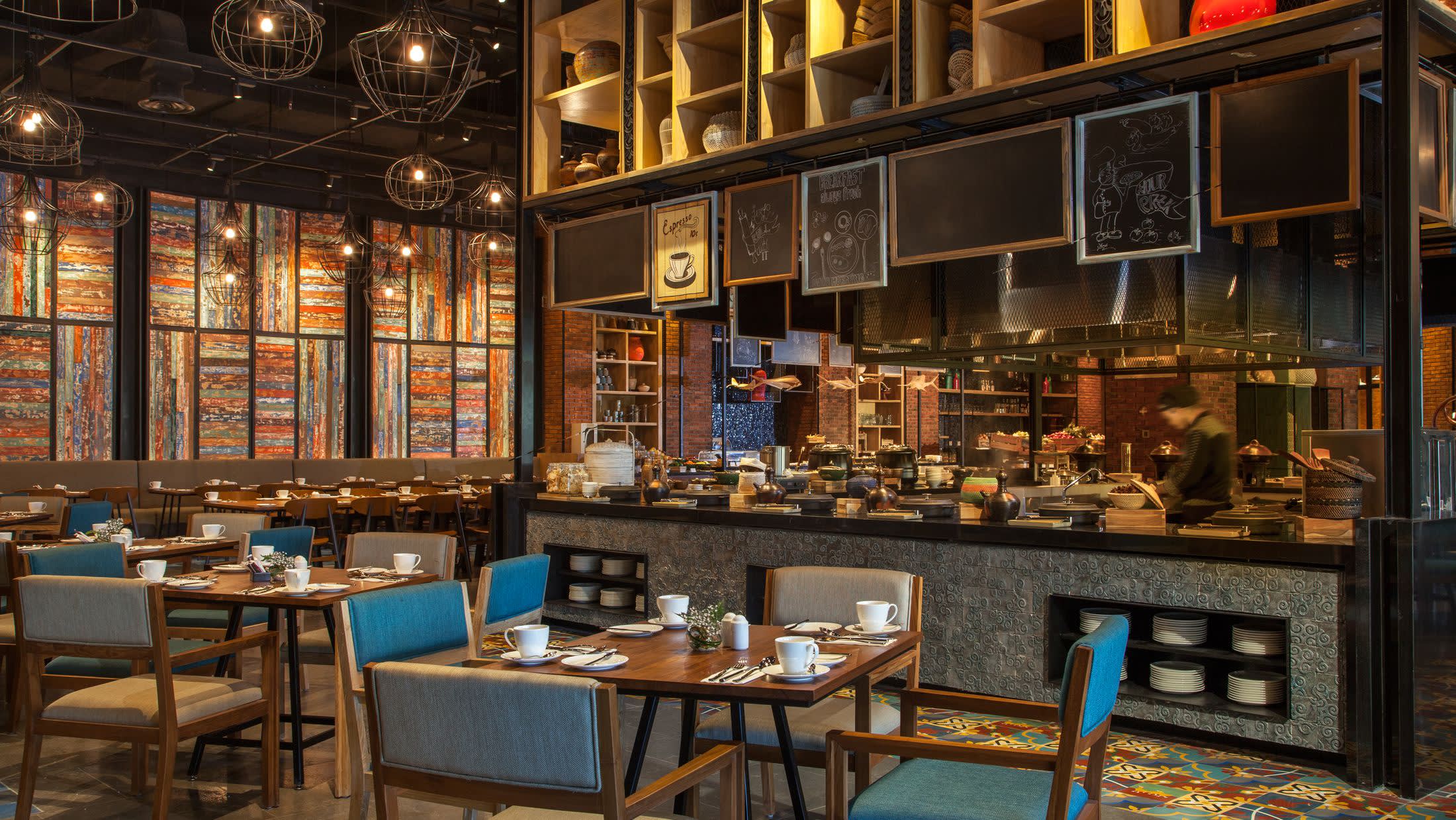 a dining room table in front of a store