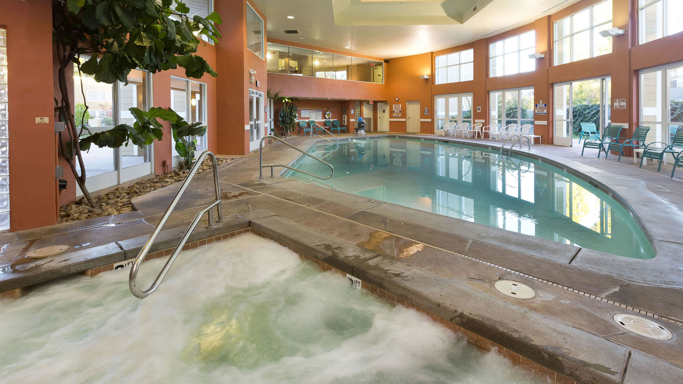 a pool next to a building