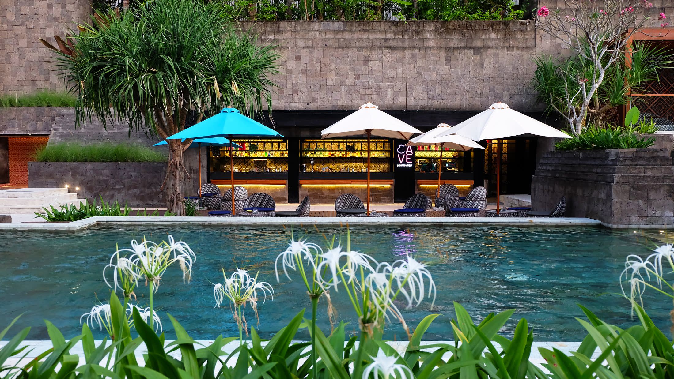 a garden with water in front of a house