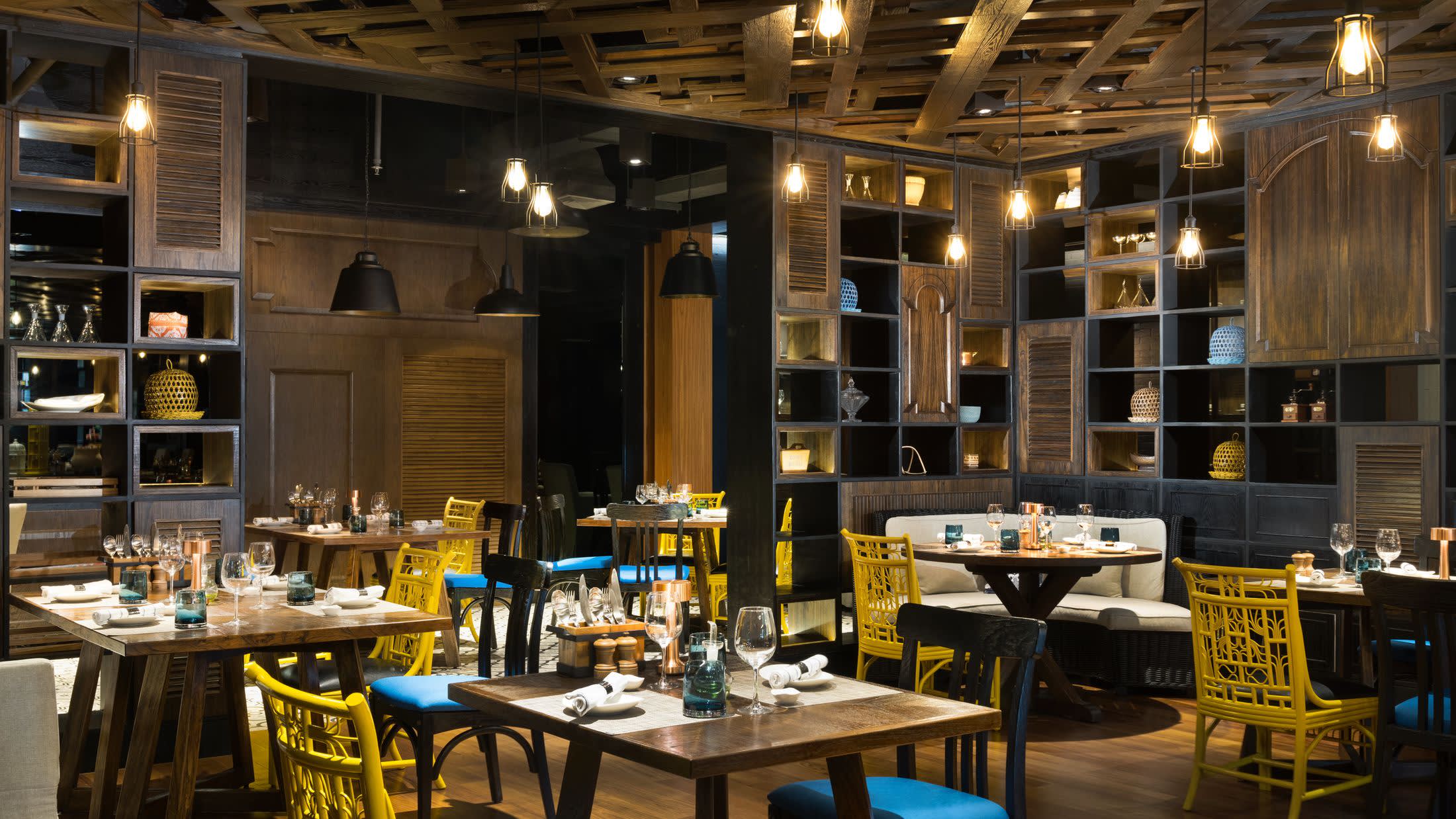 a dining room table in front of a building