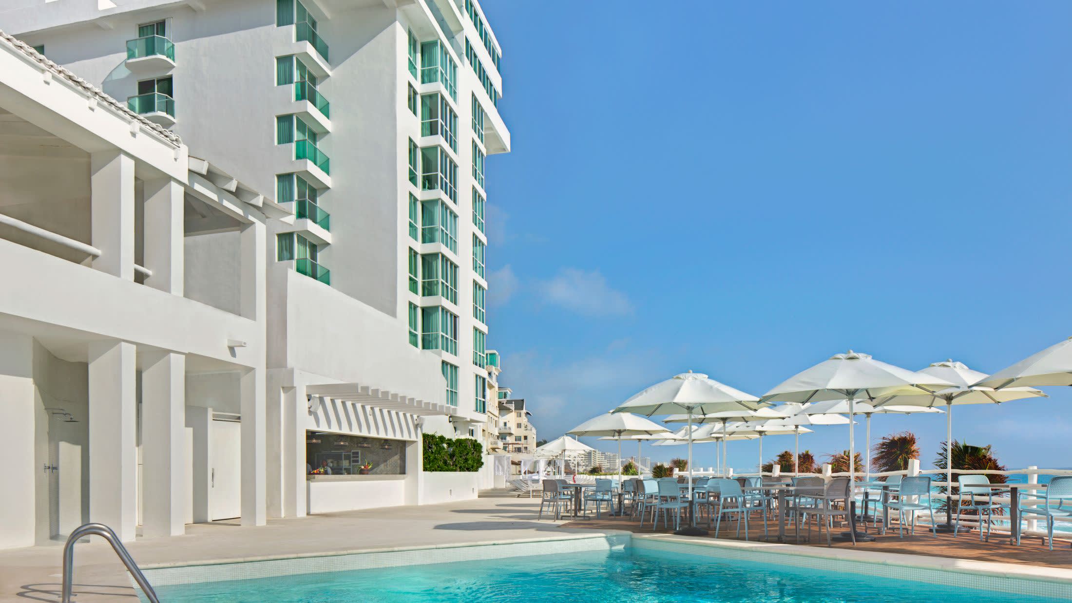 a building with a large pool of water