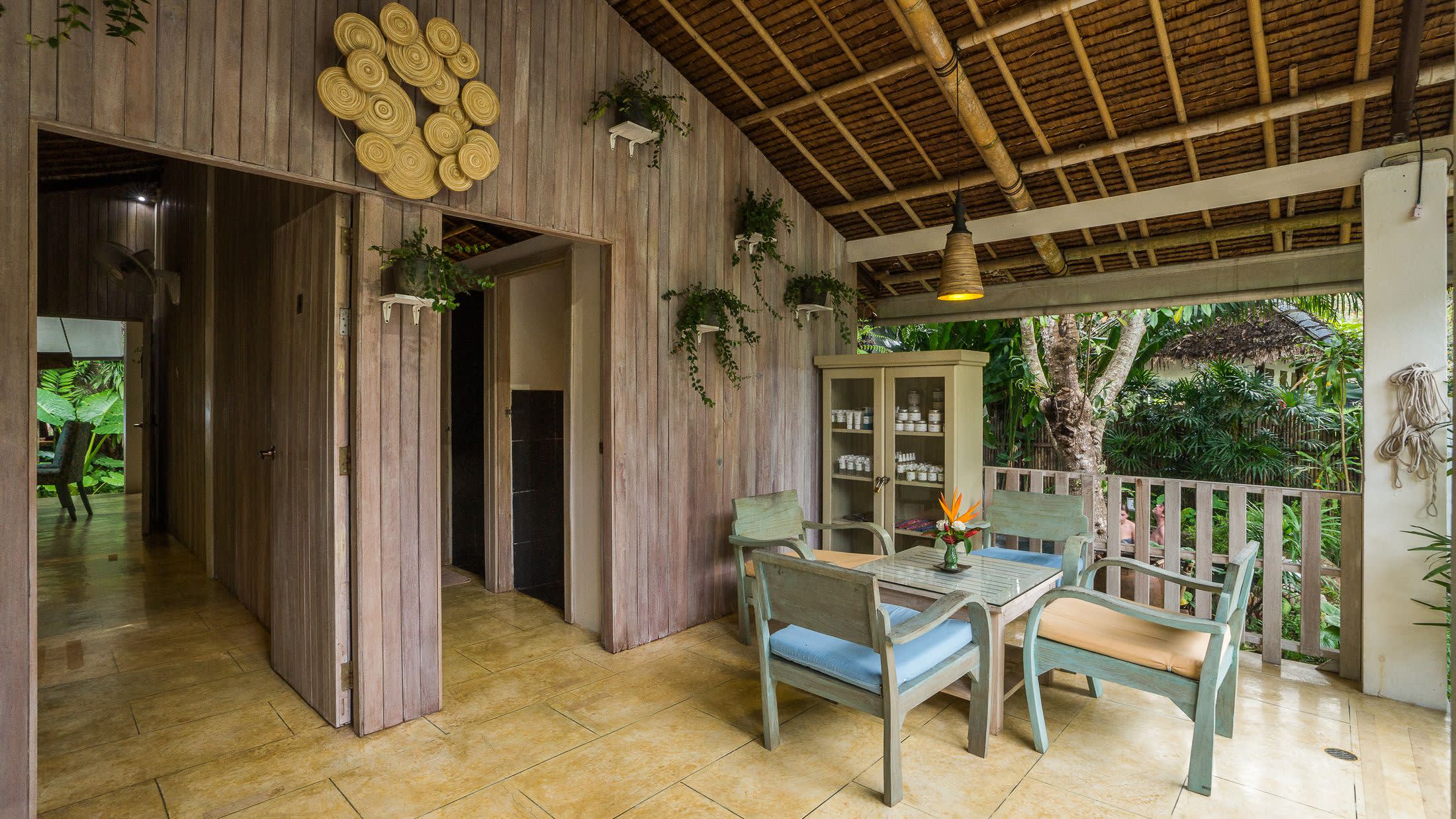 a dining room table in front of a building