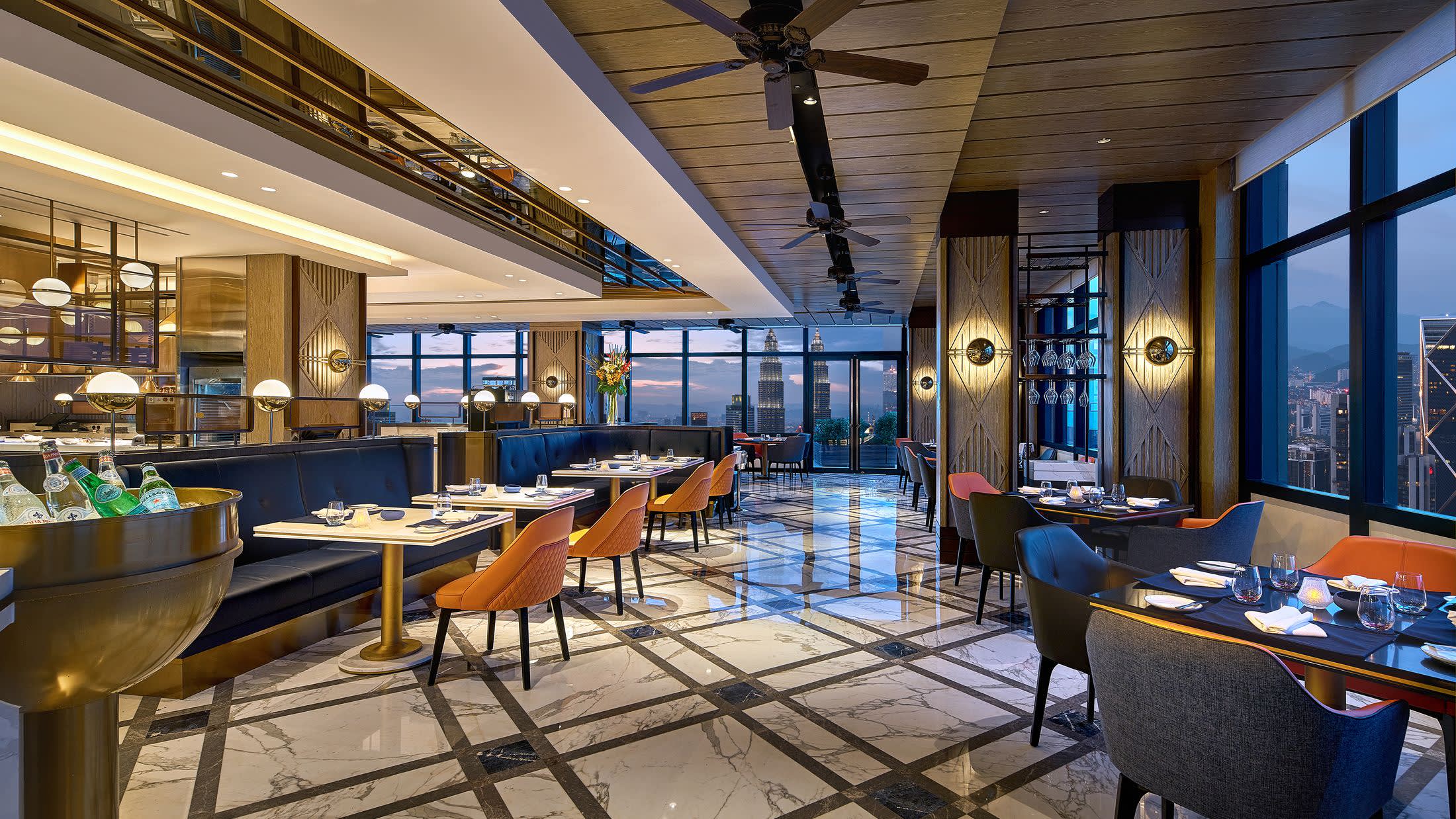 a dining room table in front of a building