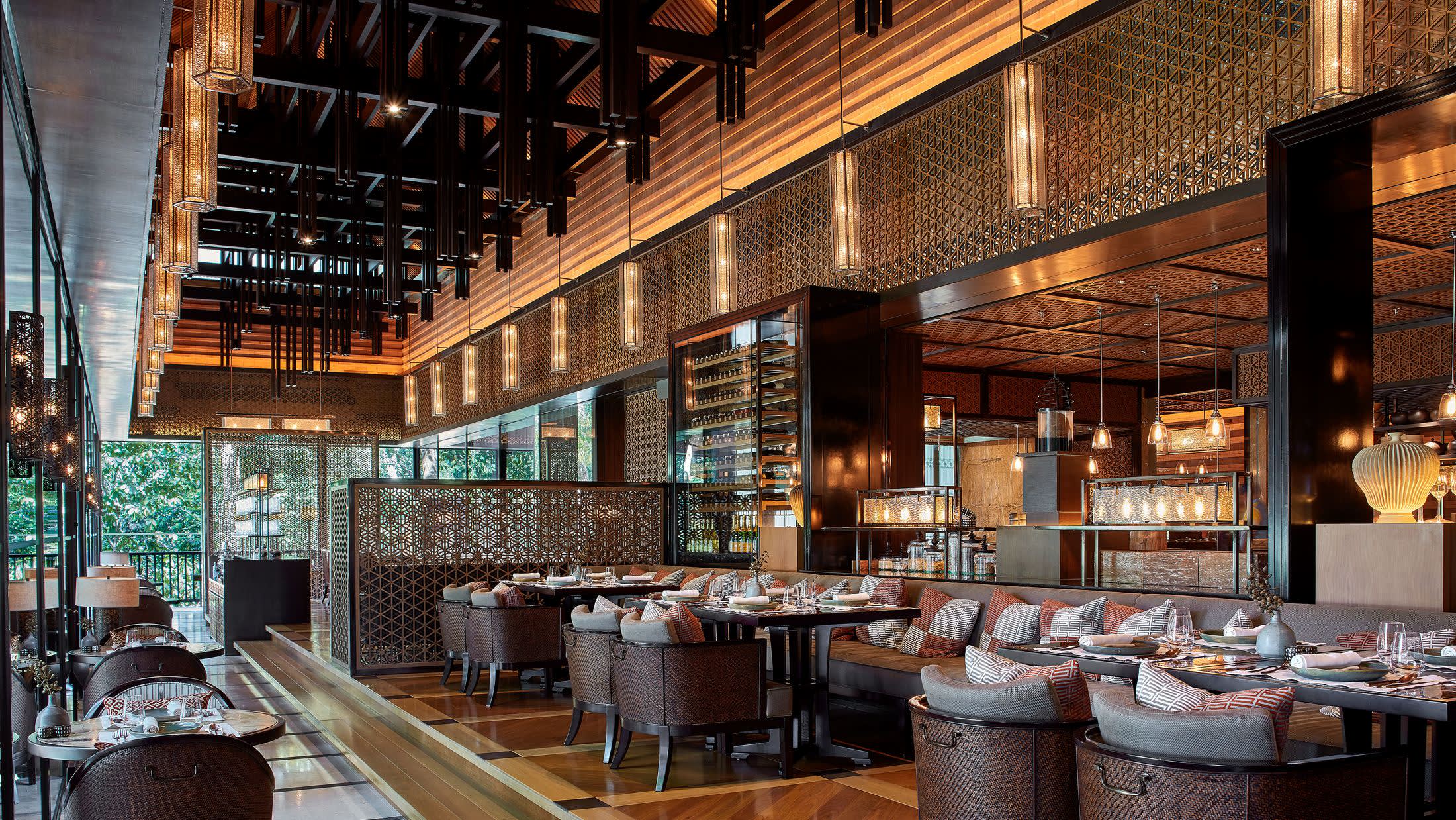 a dining room table in front of a building