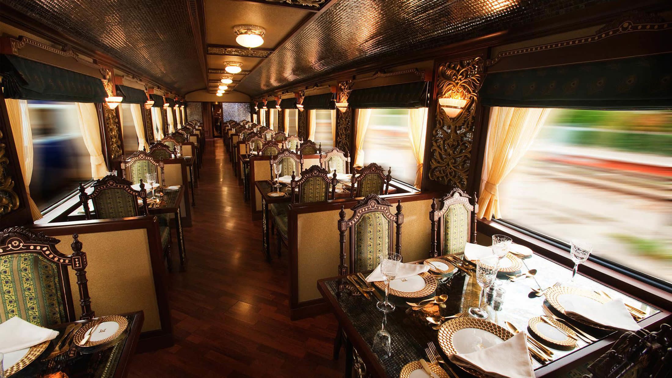Dining table for 4 inside a coach of the Maharaja Express