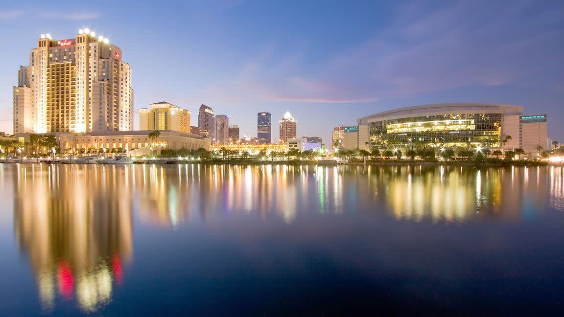 a bridge over a body of water with a city in the background