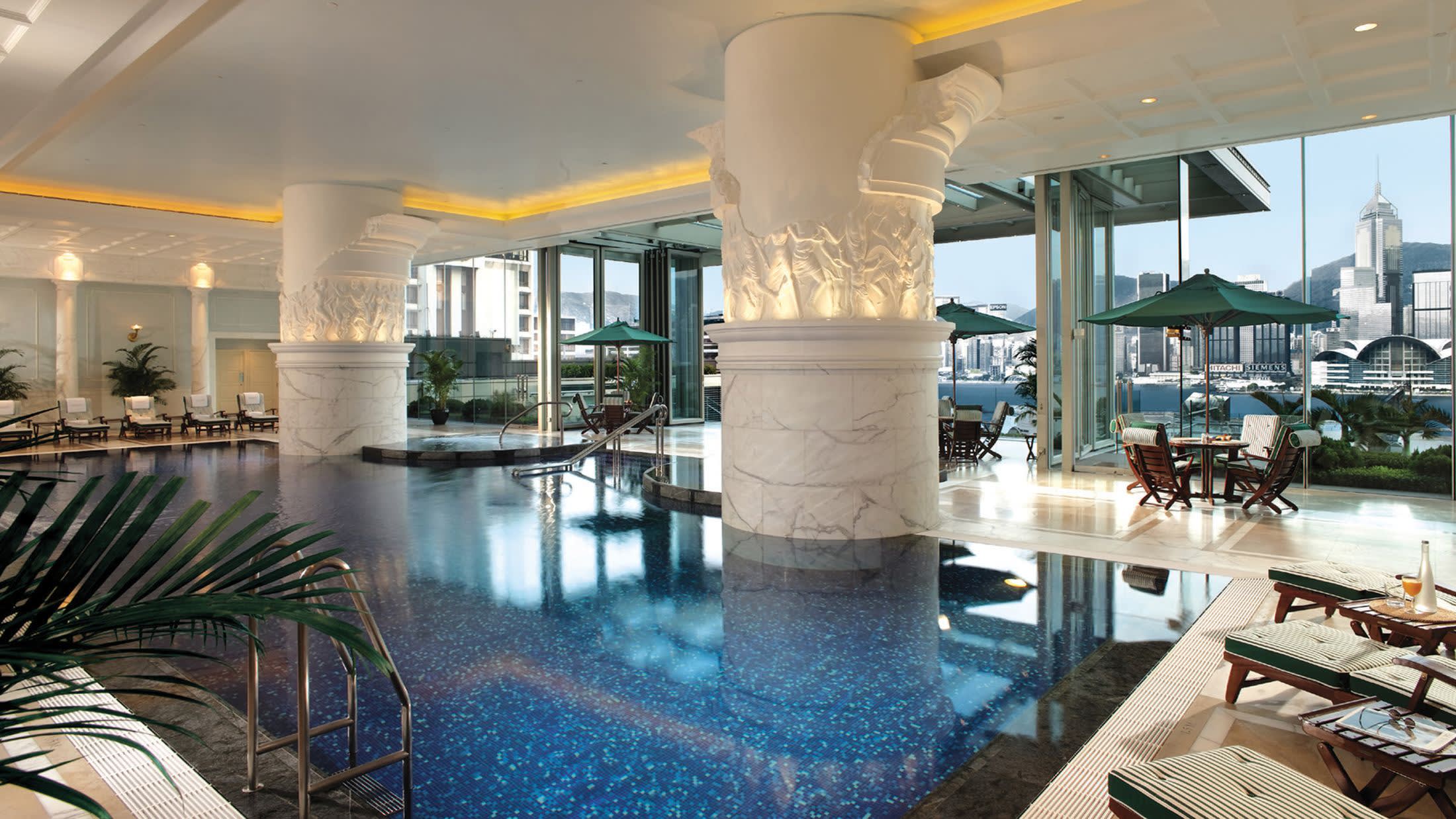 a dining room table in front of a building