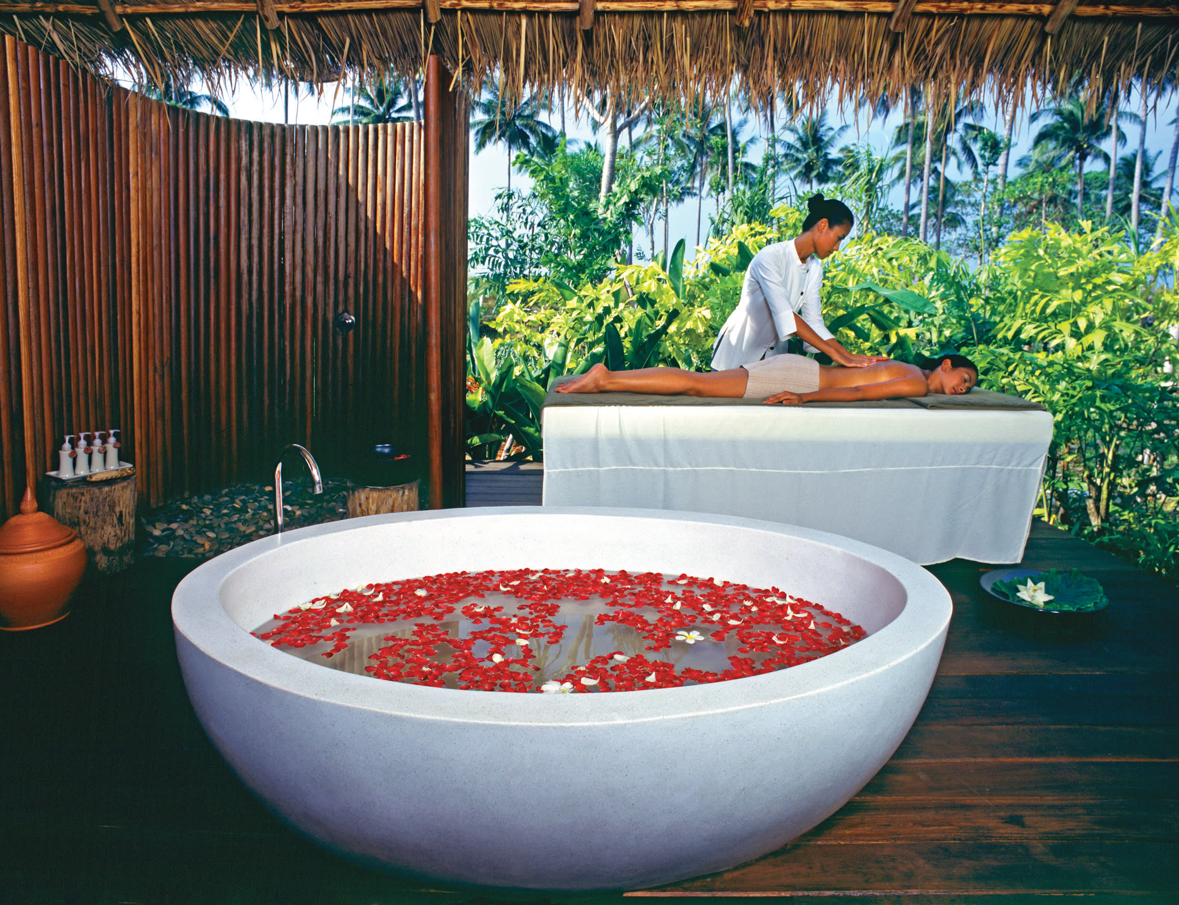 a person in a red bowl