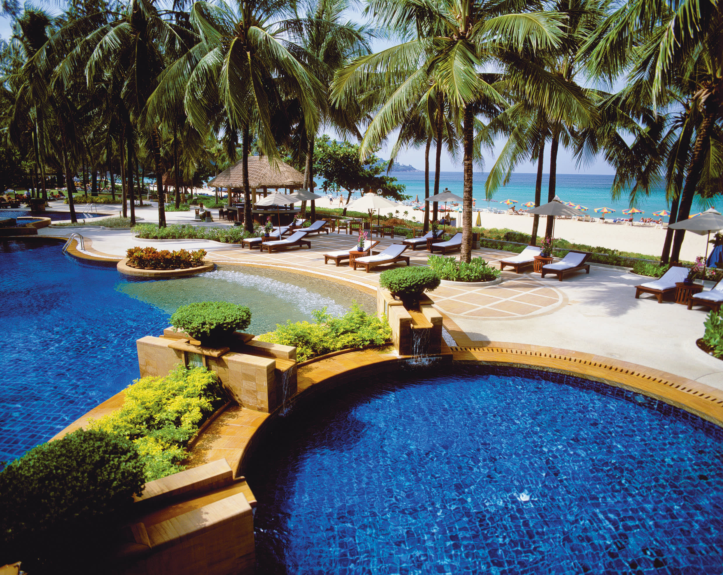 a pool next to a body of water surrounded by palm trees