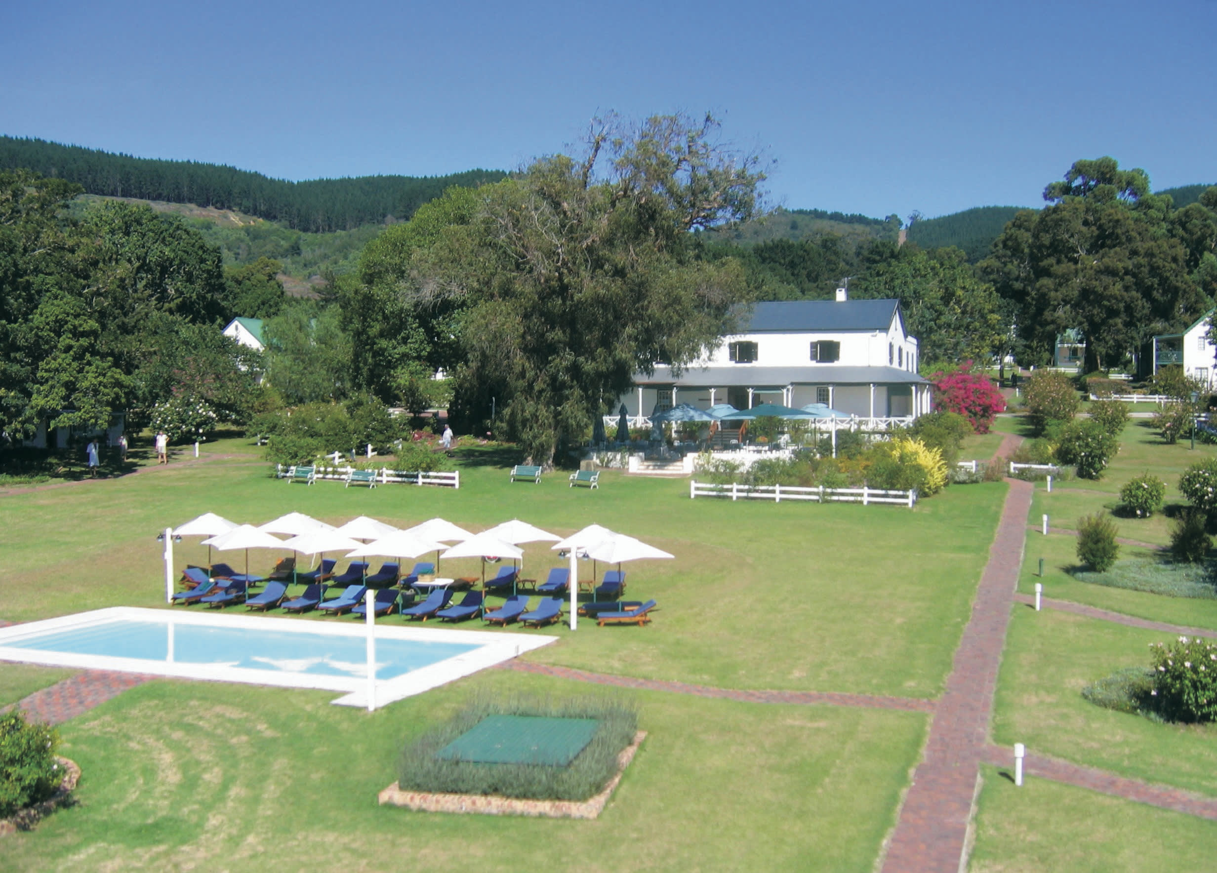 a group of lawn chairs sitting on top of a grass covered field