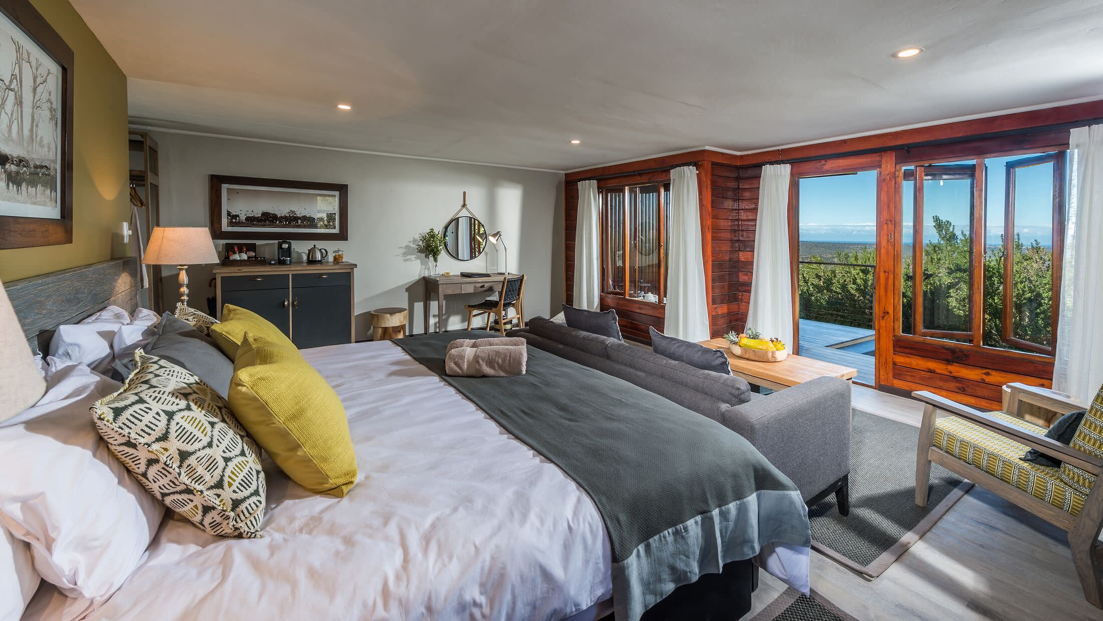 a bedroom with a large bed in a room