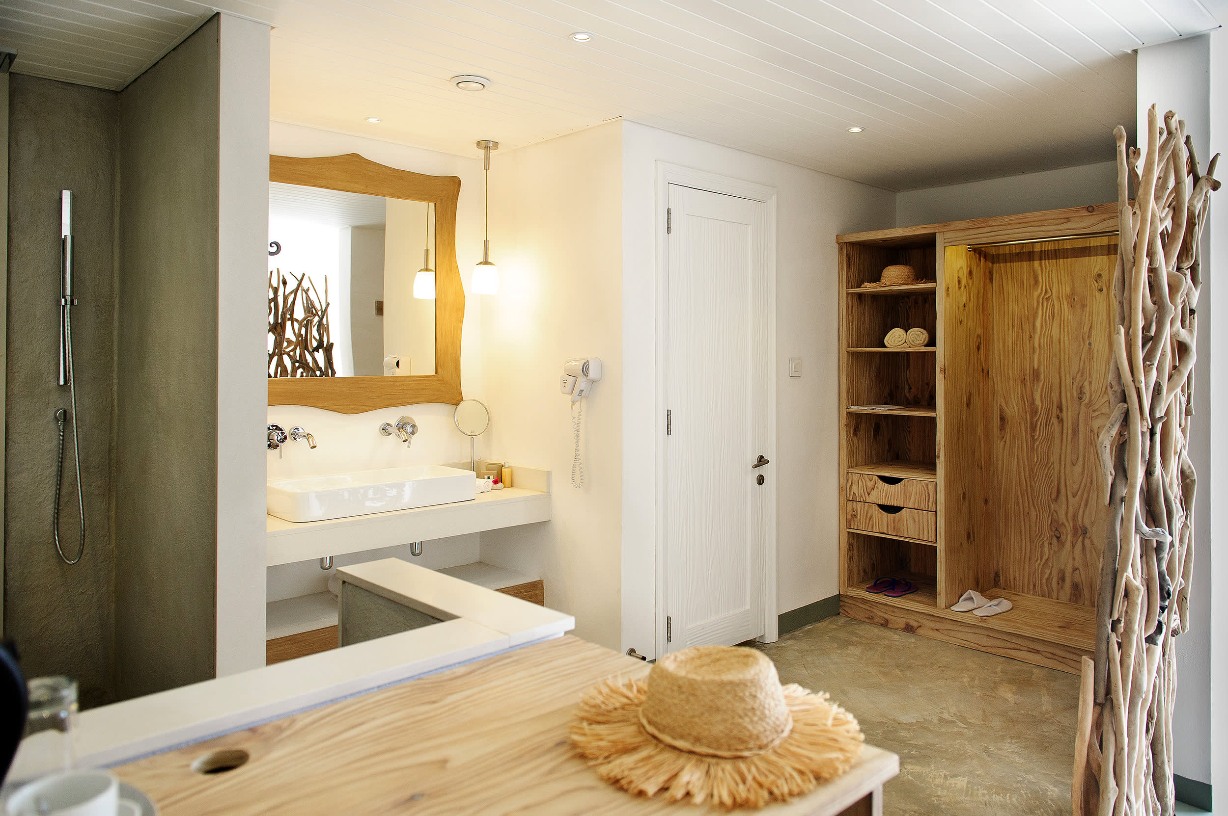 a bedroom with a large mirror