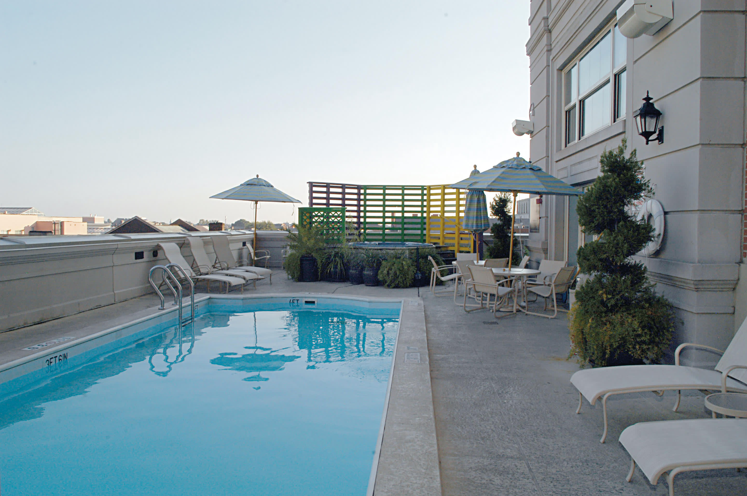 a pool next to a building