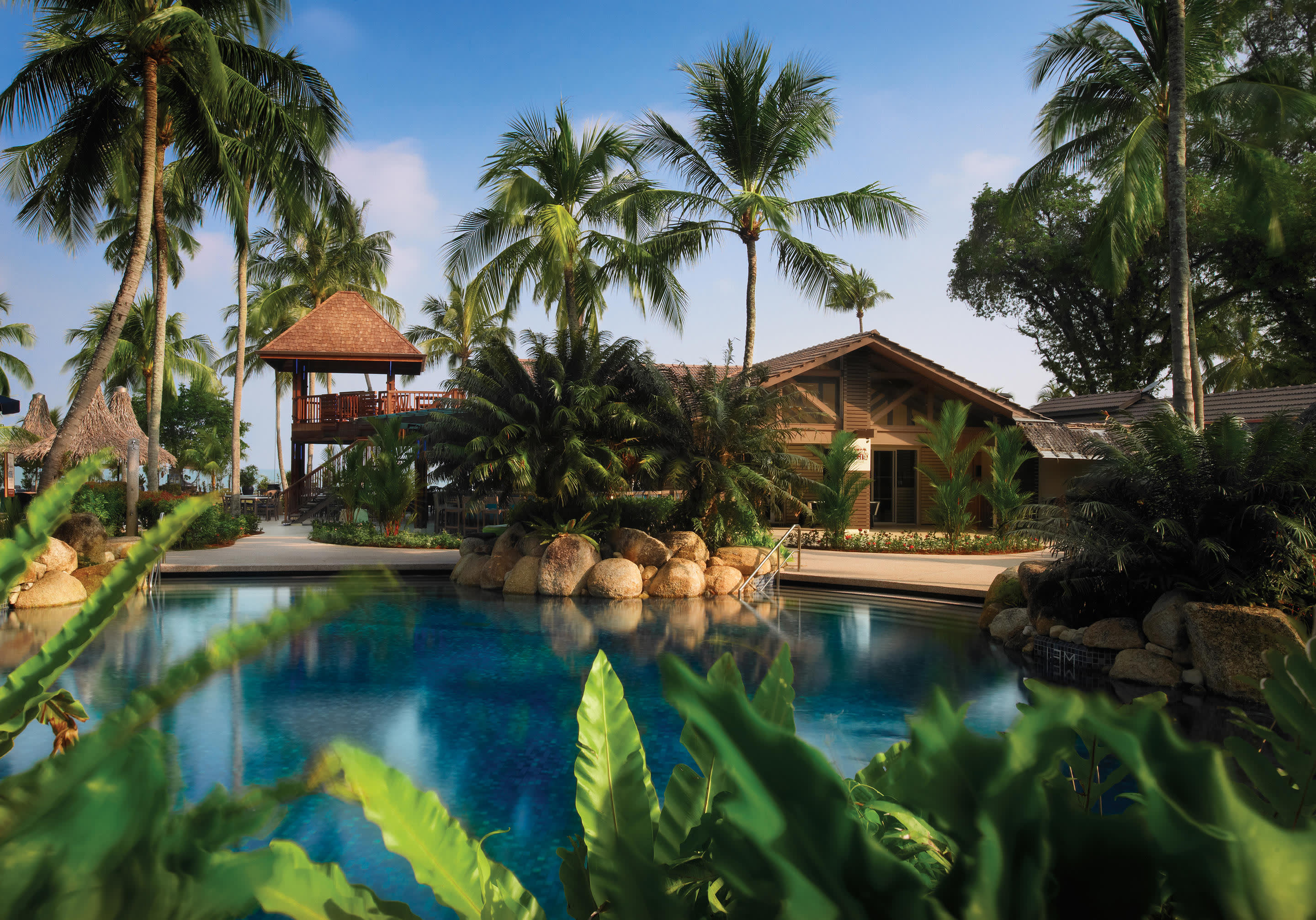 a resort near the water lined with palm trees
