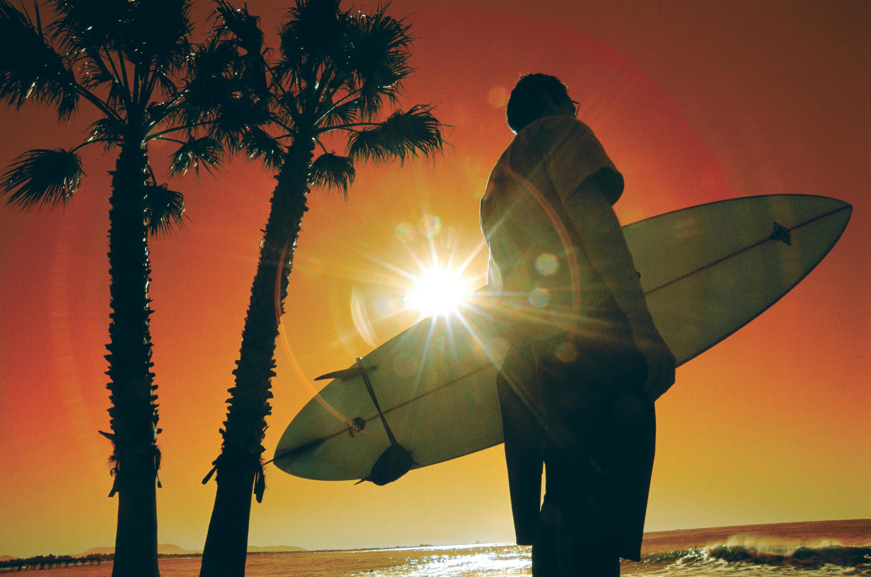 a man standing next to a palm tree in front of a sunset