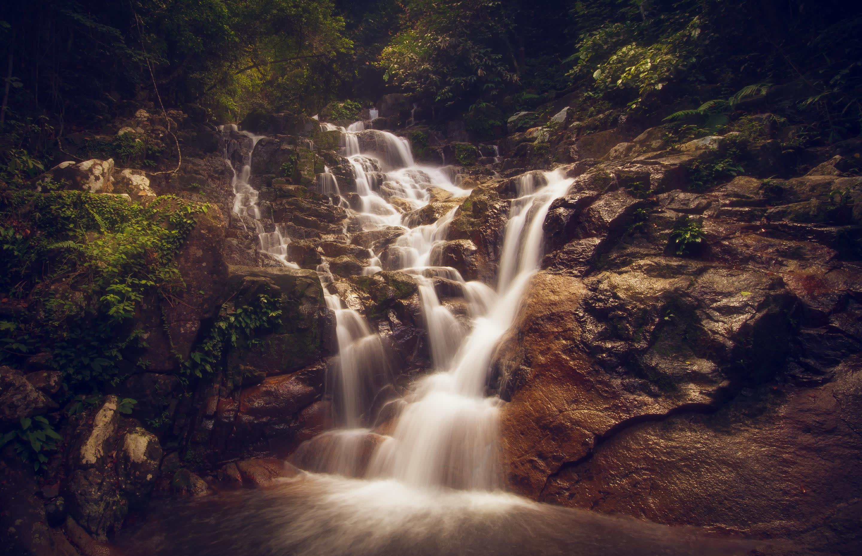 a waterfall with trees in the background
