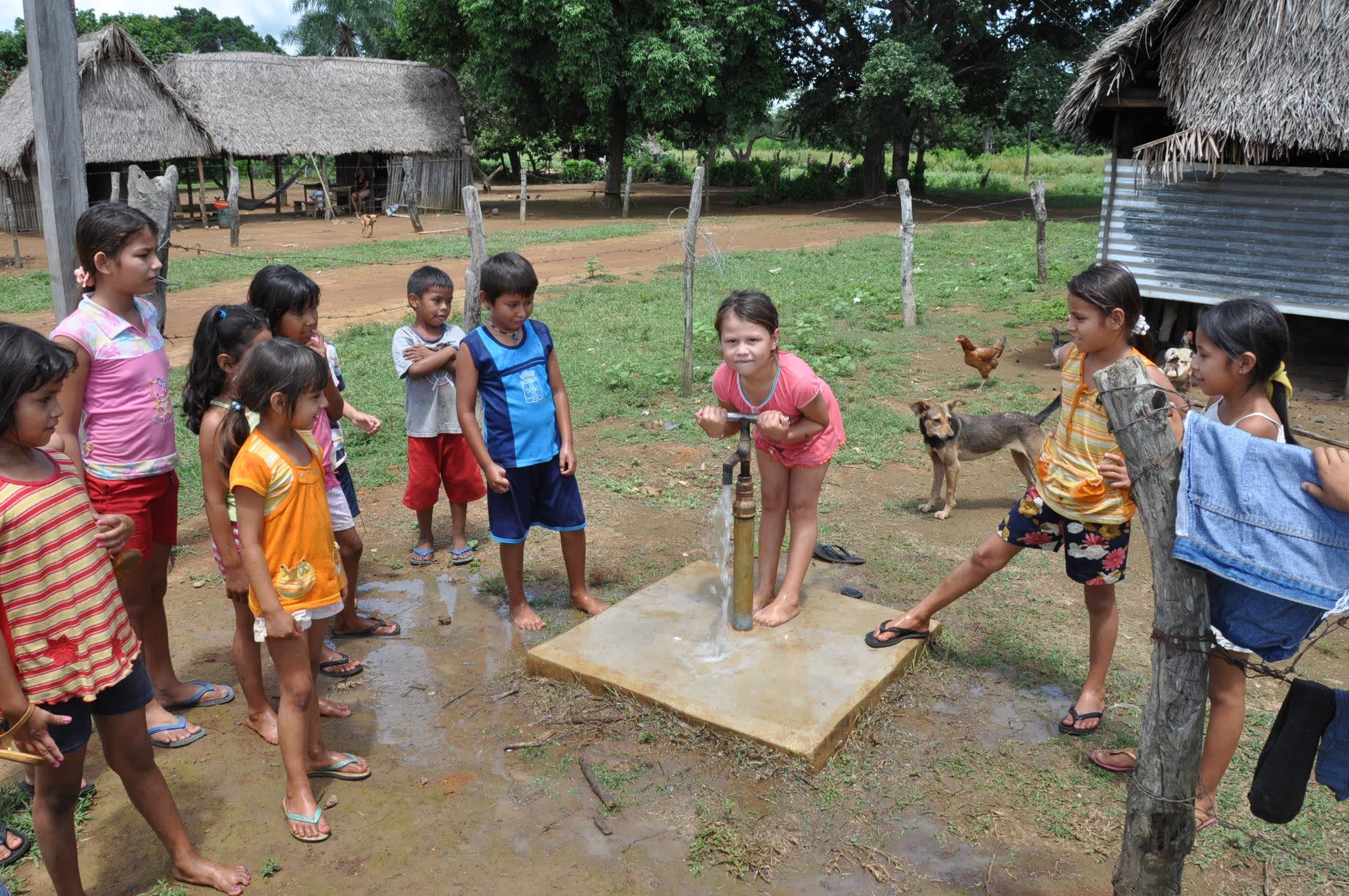 a group of people standing in a yard
