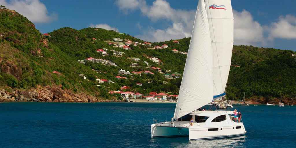 Sailing the coast of St Martin in Moorings Catamaran