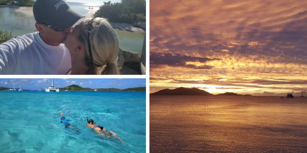 The Moorings guests kissing, snorkeling and enjoying Caribbean sunsets