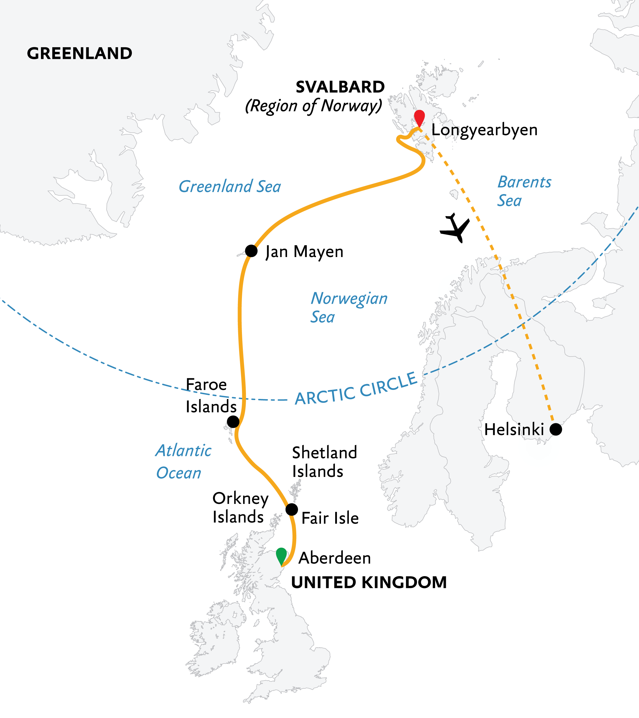 Arctic Saga: Exploring Spitsbergen via the Faroes and Jan Mayen Itinerary Map