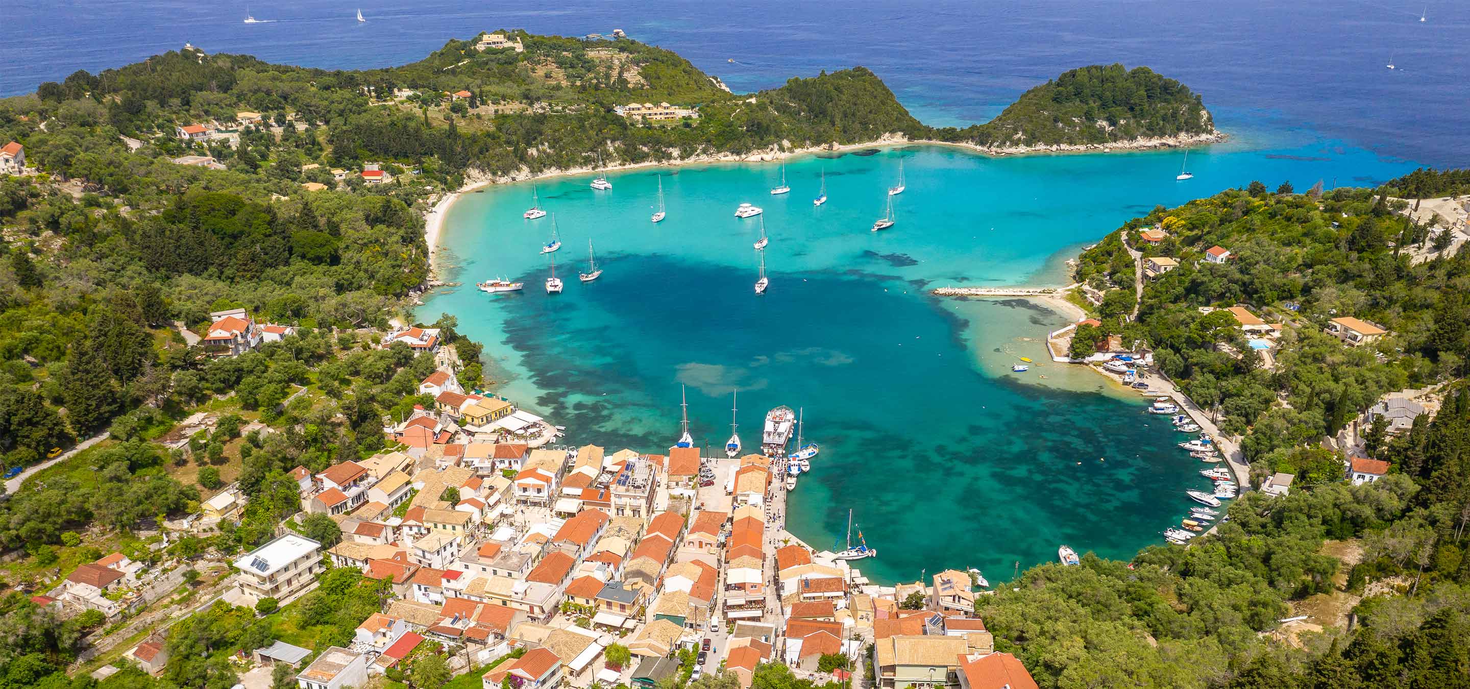 Top view of Catamarans Anchoring at Corfu Island Greece