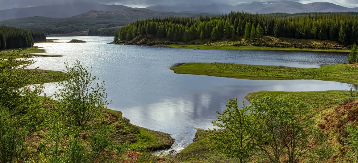 Un loch serpente à travers une forêt de conifères dense sous un ciel dramatique, avec des averses au loin.
