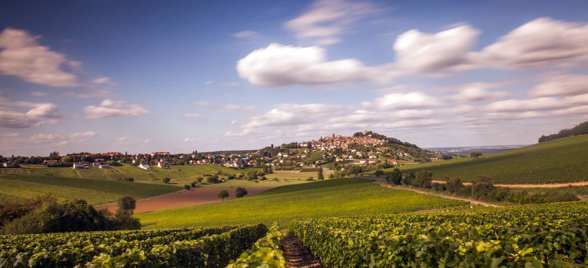 Sweeping view of sunlit vineyards surrounding a hilltop village in the Burgundy wine region, under a dynamic sky.