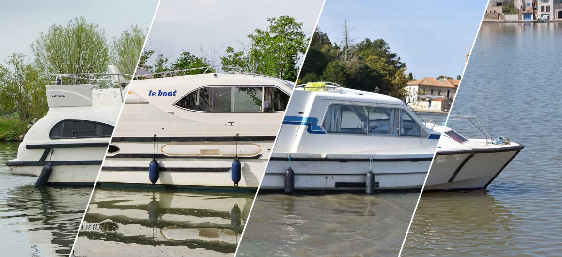 Patchwork of images of 2-cabin boats included in the Mystery boat offer.