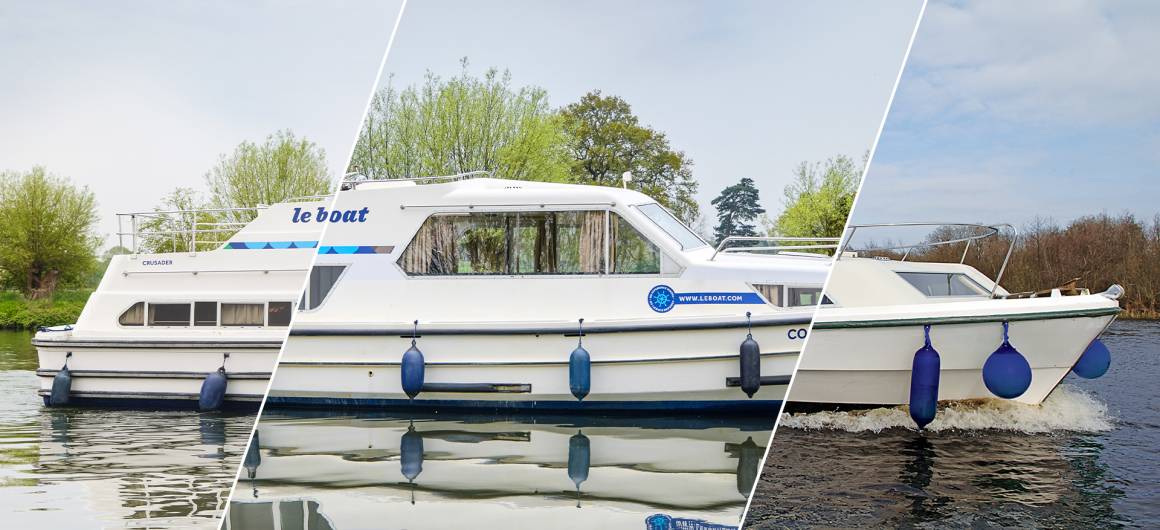 Patchwork of images of 3-cabin boats included in the Mystery boat offer.