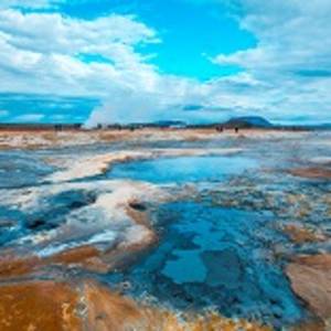 Beautiful landscape in the Myvatn park with reservoirs of water and boiling sulfur. Iceland